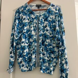 Lands' End Blue Floral Button-Front Cardigan